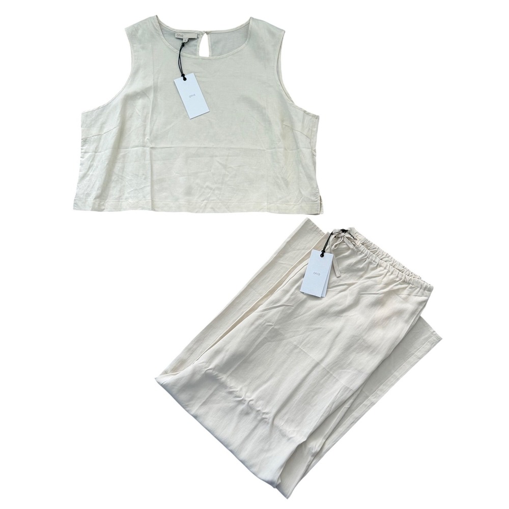 Onia Women XL Linen Lyocell 2 Piece Set Shell Top Wide Leg Drawstring Pants Flax
